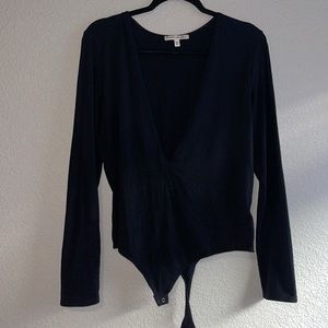 Express Deep V Neck Long Sleeve Thong Bodysuit Top Size XL, Black